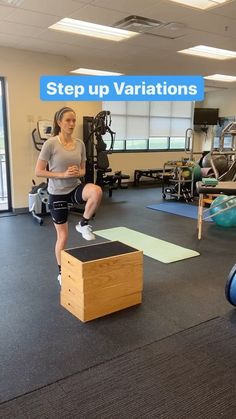 a woman doing squats in a gym with the words step up variations above her