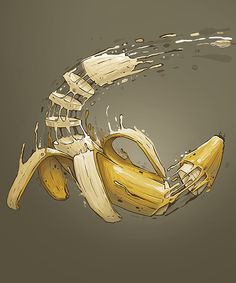 an artistic drawing of a banana split in half with water splashing on it's side