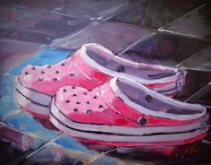 a painting of some pink shoes on the ground