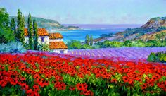 an oil painting of red flowers in front of a house and the ocean on a sunny day