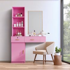 a pink vanity with mirror and stool next to it on a wooden floor in front of a window