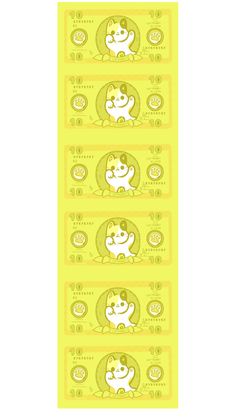 three yellow stickers with cartoon animals on them