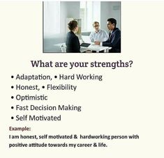 a poster with the words, what are your strengths? and two men sitting at a table