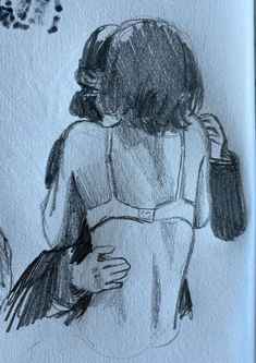 a drawing of a girl with a bird on her shoulder and another person holding a cup