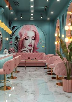 a room with pink chairs and a mural on the wall behind it that has a woman's face