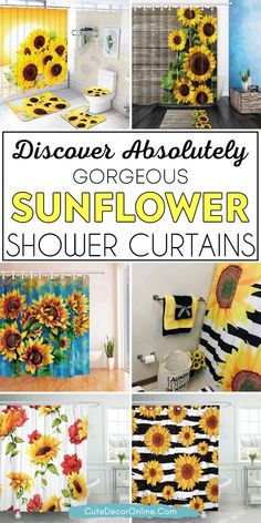 sunflower shower curtains are shown with the words, dissesore absolutely gorgeous sunflower shower curtains