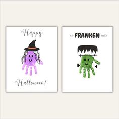 two halloween cards with purple and green monsters