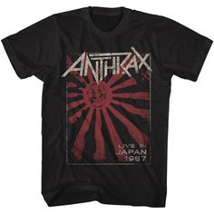 Our vintage style Anthrax concert t-shirt is from the heavy metal band's 1987 Japan Tour which was performed to promote Anthrax's album, Among the Living, the band’s breakthrough release. Made from 100% black pre-shrunk ring spun cotton, this men's unisex tee spotlights the red sun, from the Japanese flag, with Anthrax's logo and Live in Japan 1987. The graphics are washed out and distressed for an authentic vintage look. #anthrax #mensfashion #bandtees #rockerrags Scott Ian, Metal Concert, Live In Japan, Sun Graphic, Heavy Metal Rock, Concert Band, The Big Four, Heavy Metal Bands, Thrash Metal