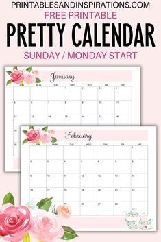 the free printable pretty calendar with pink flowers