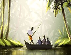 three people in a boat on a river surrounded by trees