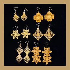 six pairs of earrings made out of laser cut paper, each with an intricate design