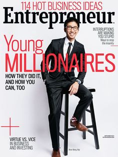 a man sitting on top of a stool in front of a magazine cover that reads young millionaires