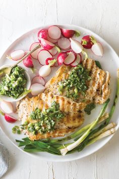 Grilled chicken paillard with radishes, scallions, and chimichurri Chicken With Chimichurri Sauce, Fig Flatbread, Chicken Paillard, Herb Sauce