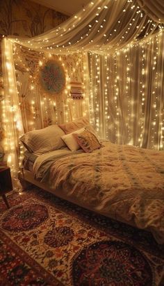 a bed with lights on the headboard and curtains over it in a room filled with rugs