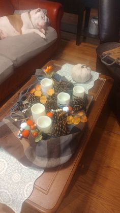 a dog laying on top of a couch next to a table with cups and candles