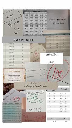 many different types of papers with numbers and symbols on them, including the words smart girl