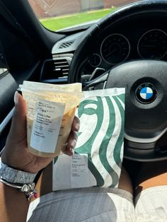 A Starbucks iced coffee and sandwich in the car, perfect for a morning pick-me-up Starbucks Caramel Macchiato, Starbucks Caramel, Coffee On The Go, Classic Sandwich, Cappuccino