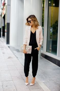 [ black jumpsuit with coordinating blazer, pumps and clutch ] Fall Wedding Outfits, Walking Down The Street, Hello Fashion, Beige Blazer, Summer Work Outfits, Rosie Huntington Whiteley, Pink Blazer, Winter Outfits For Work