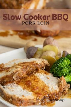 slow cooker bbq pork loin on a white plate with broccoli