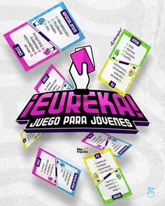 several business cards with the words seureka written on them in different colors and shapes