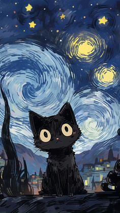 a black cat sitting on top of a wooden table under a starry night sky