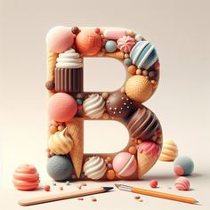 the letter b is made up of different types of candies and ice creams