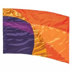 an orange, purple and yellow kite flying in the sky