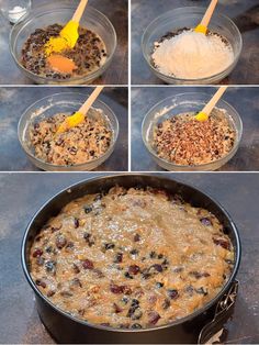 four pictures showing how to make an oatmeal mixture