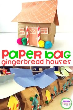 a paper bag gingerbread house made out of brown paper and some candy canes