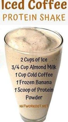 iced coffee protein shake recipe in a glass with information about the ingredients and how to use it