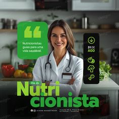 a woman with a stethoscope standing in front of a sign that says nutri cionisa