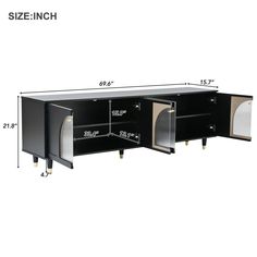 the sideboard is shown with measurements for each section and features two doors, one door open