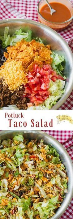 two large pans filled with taco salad on top of a red and white checkered table cloth