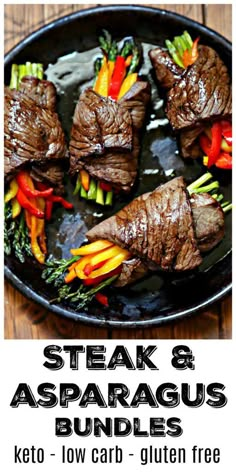 steak and asparagus bundles in a cast iron skillet with text overlay