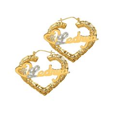 These 10K Gold nameplate earrings are not just a statement piece; they are a beautiful showcase of spirituality for a religious and devoted woman. The nameplate itself is intricate, as the first letter is decorated in beaded rhodium, highlighting the matching cross that sparkles within the adjoining heart. The bamboo style hoop is fashioned in a complementing heart shape to frame all of the earring\'s best attributes. Wear these nameplate earrings to show your faith or bless a loved one with thi Name Earrings, Round Stud Earrings, Custom Earrings, Girly Jewelry, Tassel Earrings, Gold Plated Sterling Silver, Heart Shape, Statement Earrings, Women's Earrings