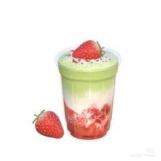 two strawberries sit on top of a green smoothie in a plastic cup with whipped cream and sprinkles