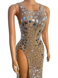 Evening Wedding Celebrate Birthday Dress Women Show Wear Sparkly Mirror Rhinestones Mesh Transparent Go Go Dancer Costume, Mirror Dress, Sequins Gown, Birthday Dress Women, Split Long Dress, Evening Dresses For Weddings, Sequin Gown, Birthday Party Dress, Glitter Dress