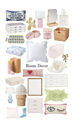 room decor collage with pink and white furniture, pillows, lamps, and other items