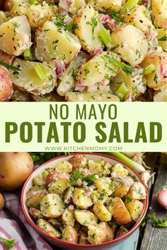 potato salad in a bowl with the title above it