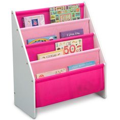 a pink and white children's book rack