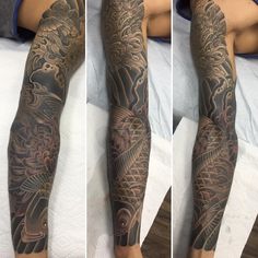 two pictures of a man with tattoos on his arms and legs, both showing different designs