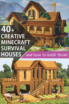 the front and back cover of a minecraft house with text that reads 40 + creative minecraft survival houses and how to build them