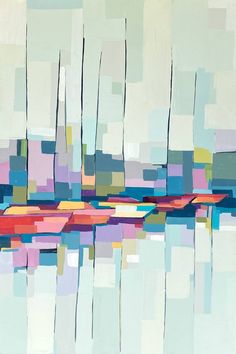 an abstract painting of boats floating in the water with colorful squares on it's surface