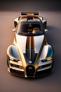 a gold and black bugatti is shown from the front view in this image