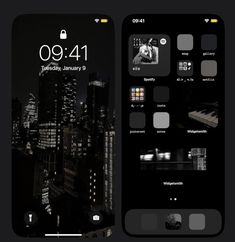 an iphone screen with the image of a city at night in black and white on it