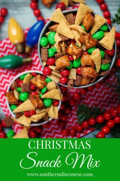 christmas snack mix in two bowls with candy