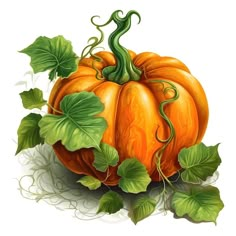 an orange pumpkin with green leaves and vines on the side, sitting in front of a white background