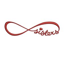 the word sister written in cursive font with an infinite red ribbon as its center