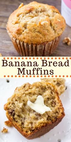 banana bread muffins with cream cheese on top and the words, banana bread muffins