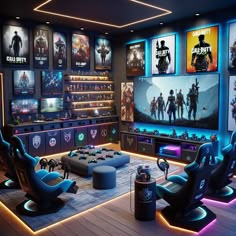 an image of a gaming room setting with video game posters on the wall and chairs